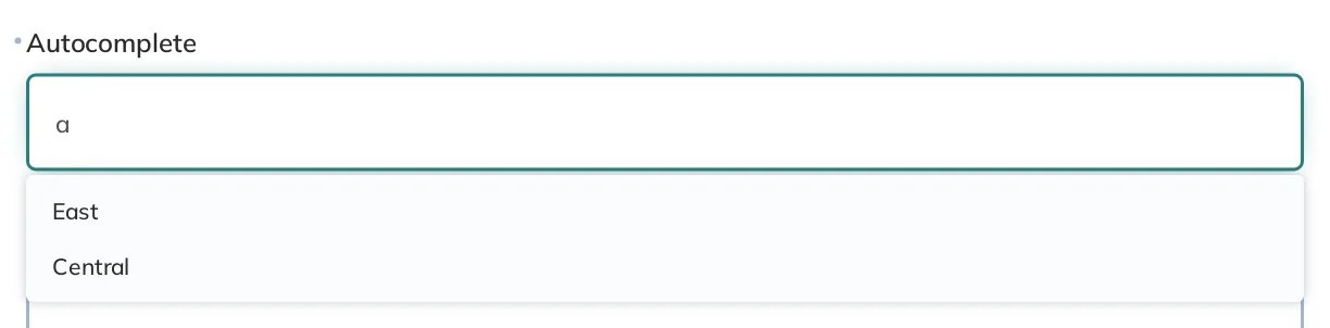 An autocomplete form text input that shows a dropdown list of options based on a search query