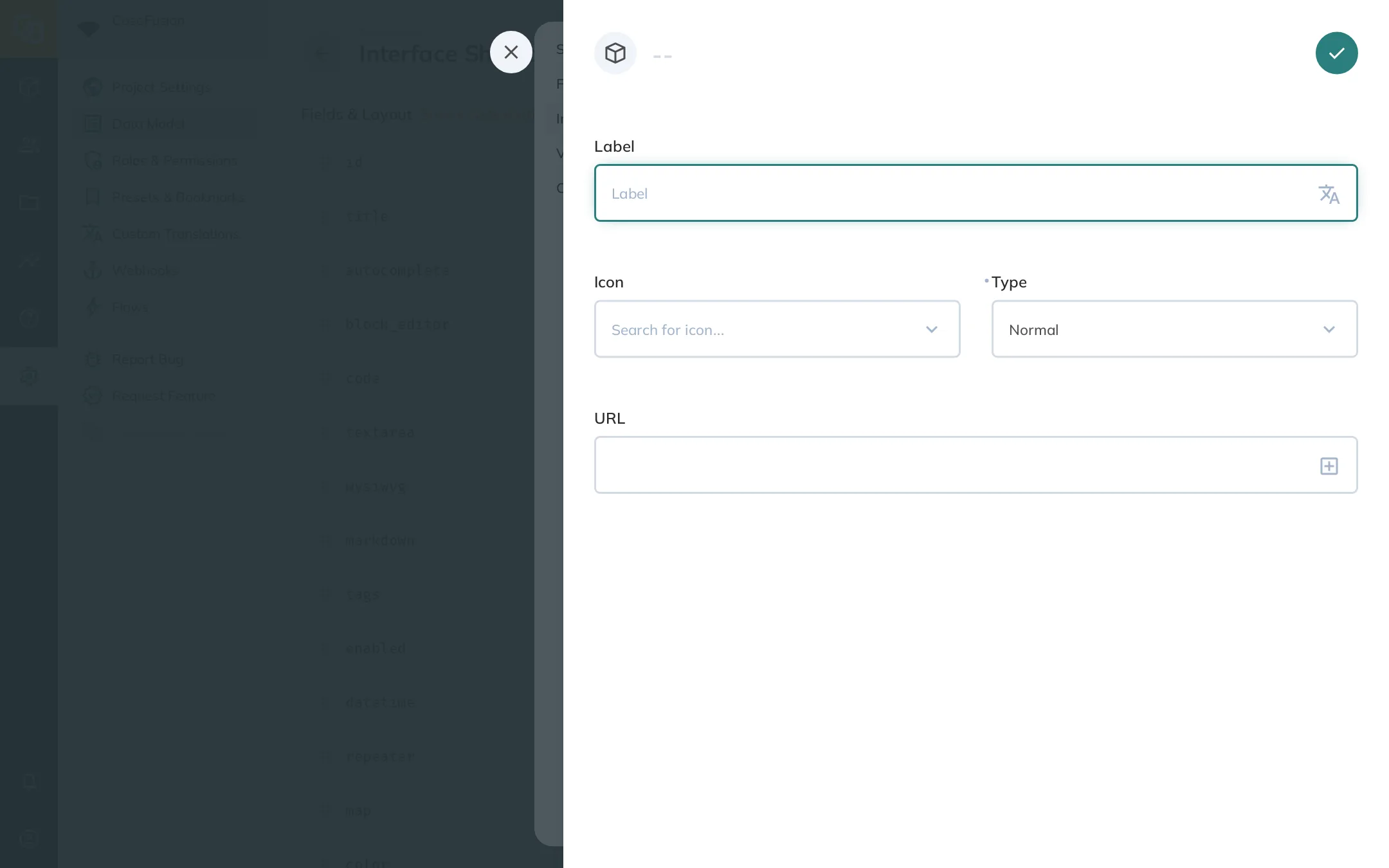 A form for creating new Button Links. Form has four fields: "Label", "Icon", "Type", "URL"