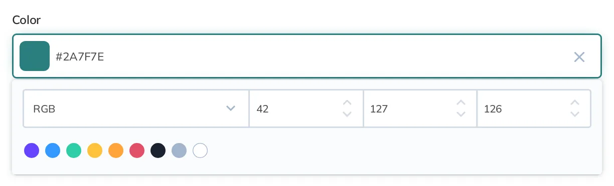 A text input for color hex codes that allows user to select color modes 