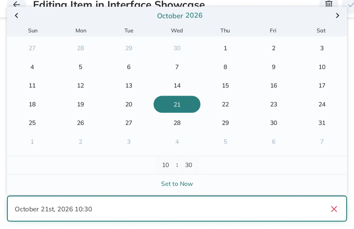 A date picker input. User can select a calendar date and input a time. 