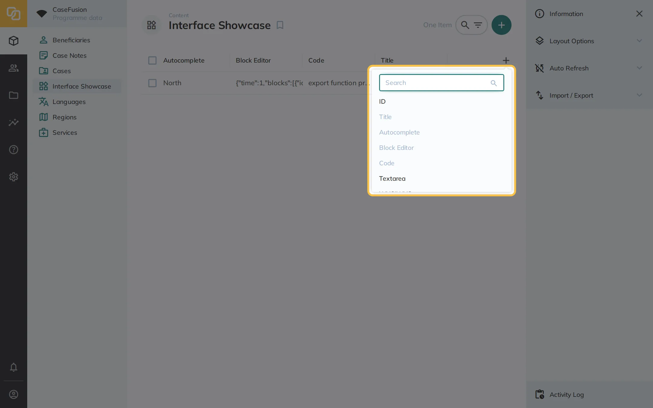 Content collection interface that shows a highlighted dropdown with several different groups of fields.