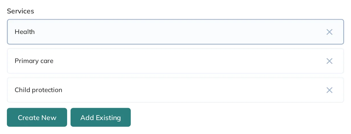 A form interface that allows users to select multiple different items from a single collection. Buttons for "Create New" and "Add Existing".