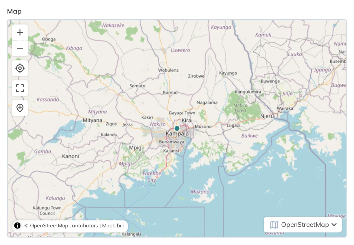 An interactive map interface that shows a single point on the east coast of the United States. Map has buttons for zoom, search, and full screen.