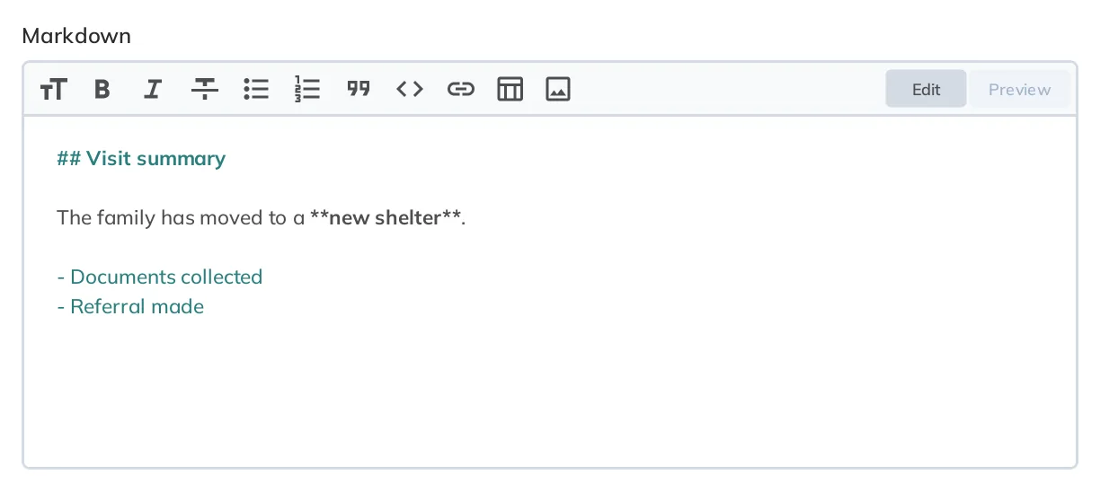 A markdown text editor with a toolbar with formatting options. Edit and preview tabs.