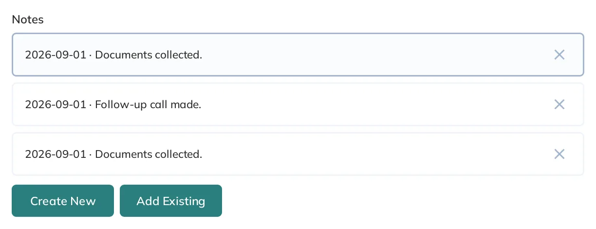 A form interface that allows users to select multiple items from a single collection. Buttons for "Create New" and "Add Existing".