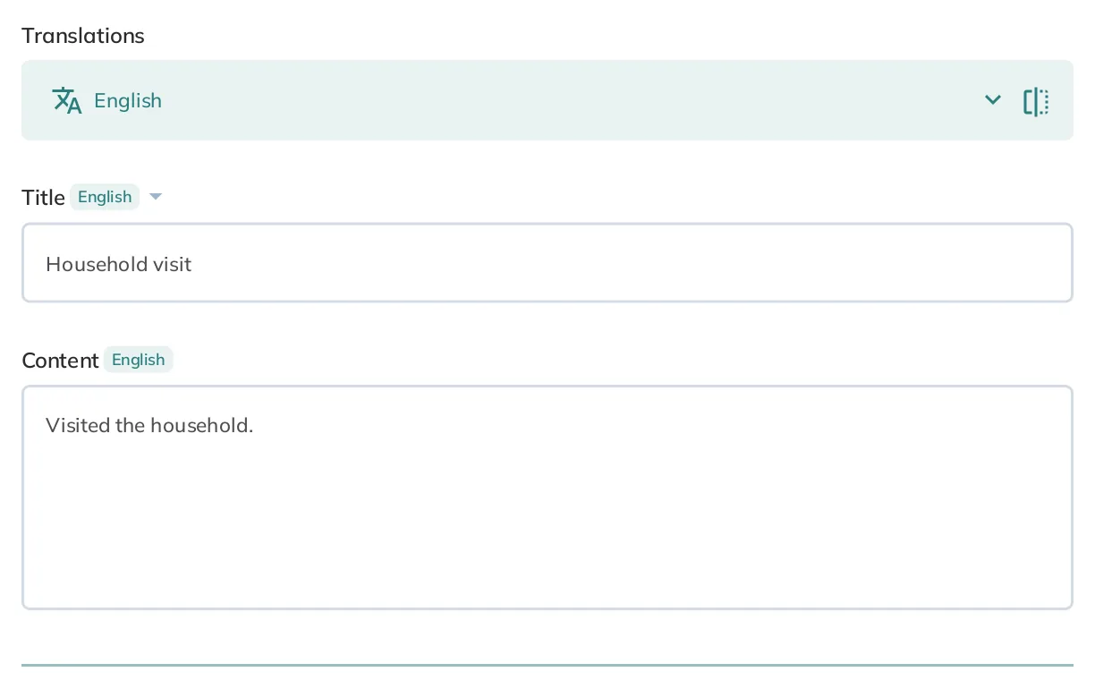 A form interface with two columns and two fields per column - "Title" and "Content". One column contains the English translation for each field. Second column contains the French translation for each field.