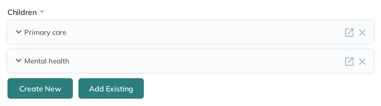 A form interface that shows multiple parent and child items from the same collection. Buttons for "Create New" and "Add Existing".