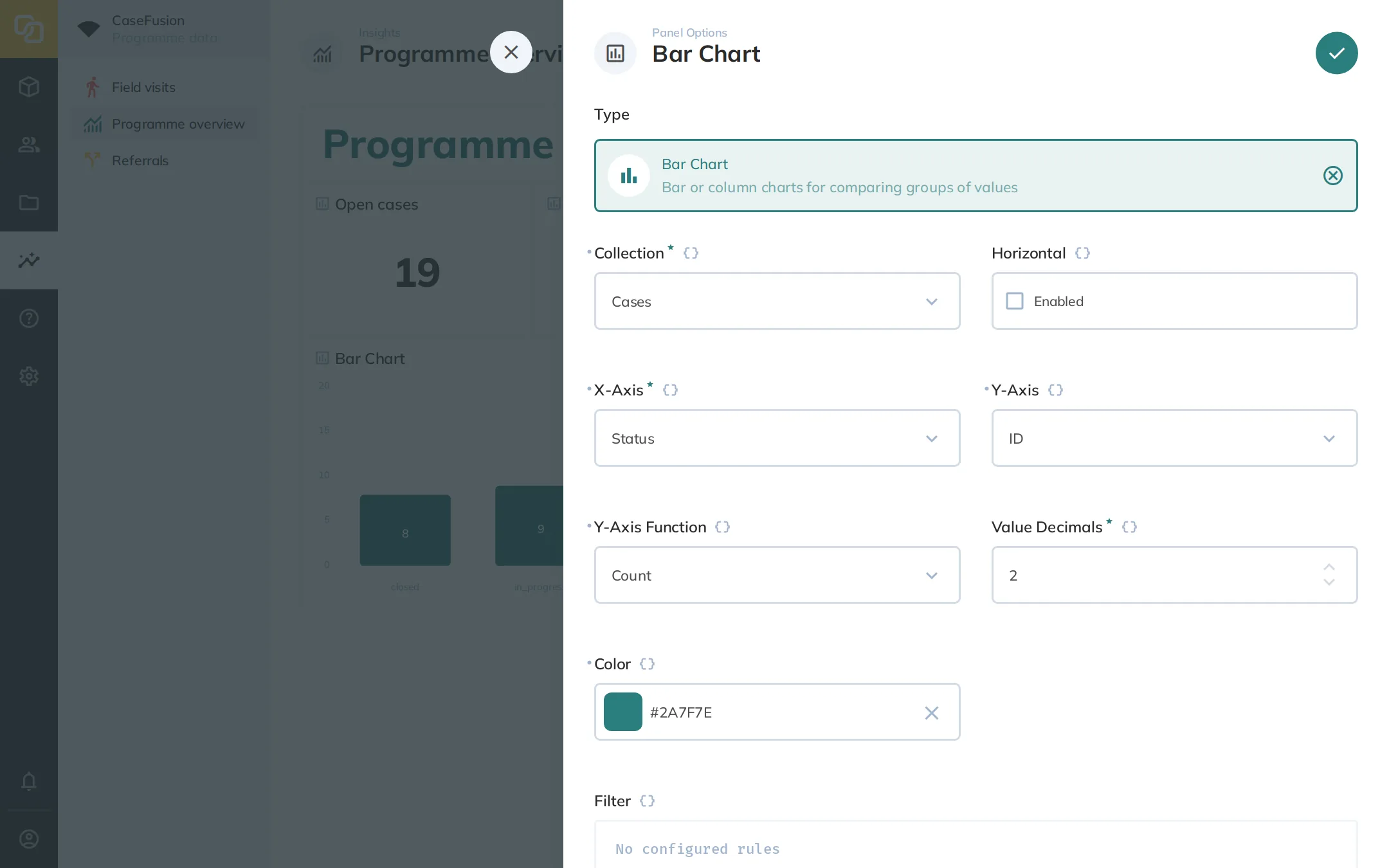Dashboard edit page with a bar chart options panel visible.