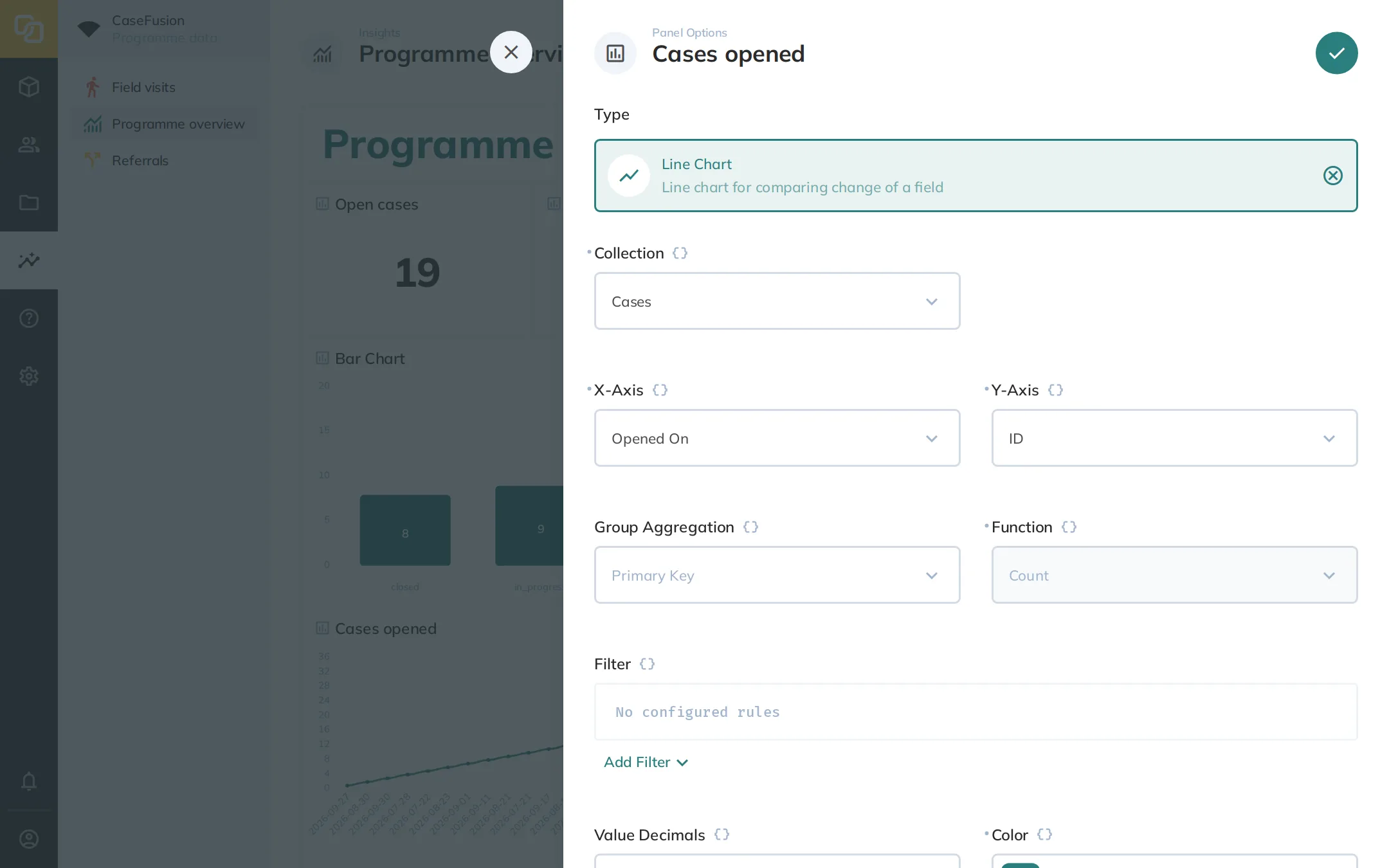 Dashboard edit page with a line chart options panel visible.