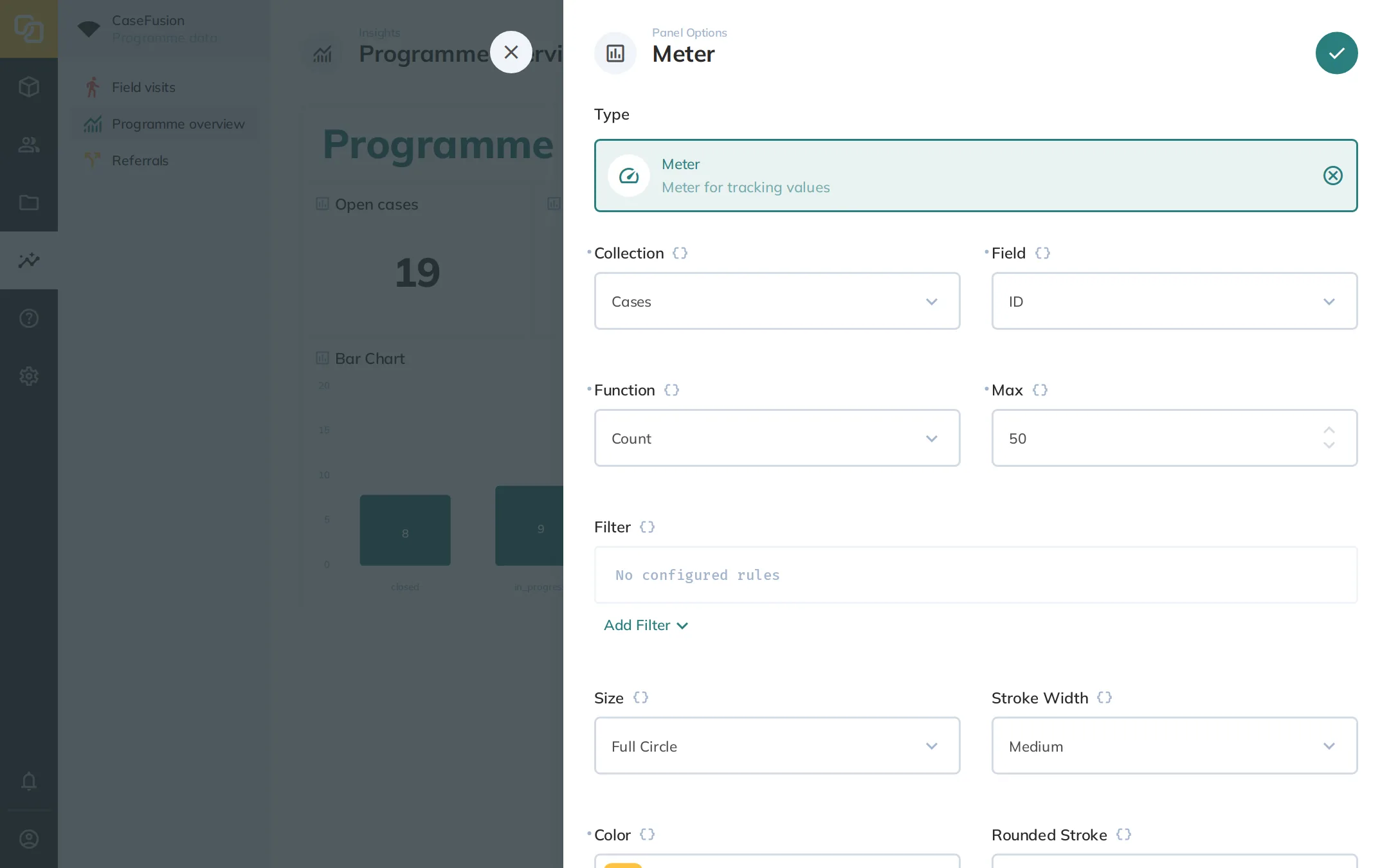 Dashboard edit page with a meter options panel visible.