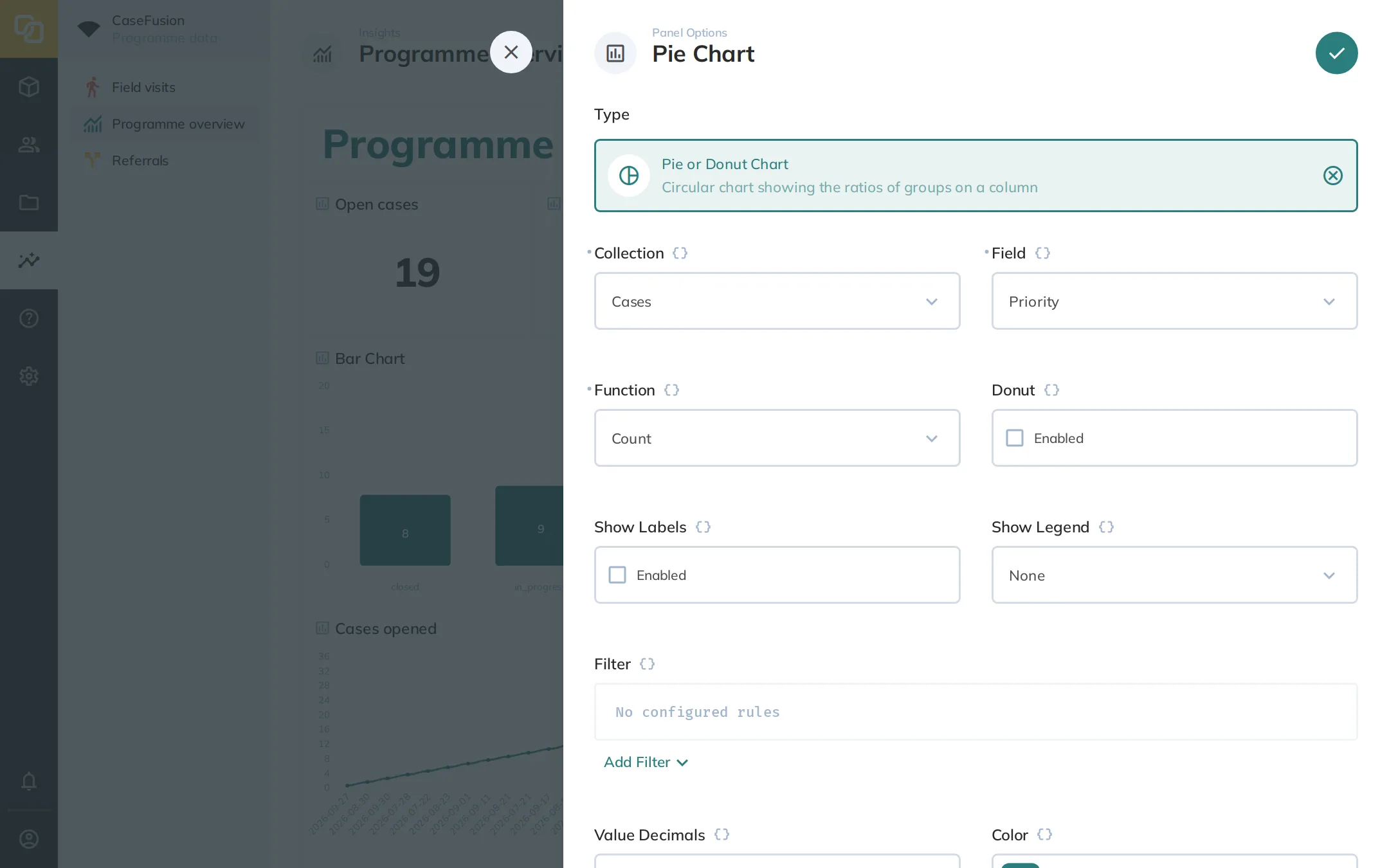 Dashboard edit page with a pie or donut options panel visible.